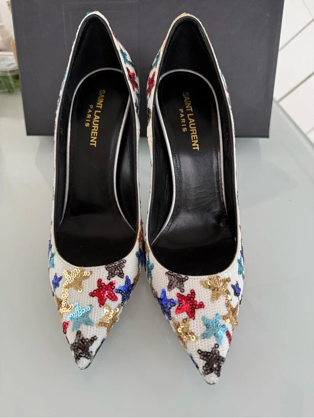 Saint Laurent White Sequin Star Pointed Toe Pumps - Picture 2 of 4